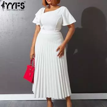 YYFS Женская мода лето весна однотонный принт короткий рукав косой воротник высокая талия повседневные платья S белый