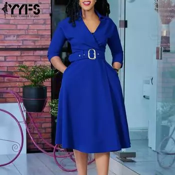 YYFS Женская мода лето весна однотонный принт рукава 3/4 воротник поло высокая талия повседневные платья S