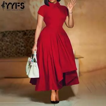 YYFS Женская мода лето весна однотонный принт короткий рукав поло воротник высокая талия повседневные платья S красный