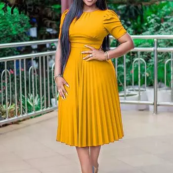YYFS Женская мода лето весна однотонный принт короткий рукав О-образный вырез высокая талия повседневные платья S жёлтый