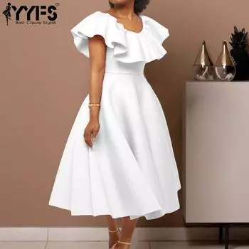 YYFS Женская мода лето весна однотонный принт короткий рукав О-образный вырез высокая талия повседневные платья S белый