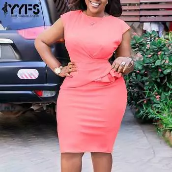 YYFS Женская мода лето весна однотонный принт короткий рукав О-образный вырез высокая талия повседневные платья S розовый