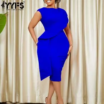 YYFS Женская мода лето весна однотонный принт короткий рукав О-образный вырез высокая талия повседневные платья S королевский синий