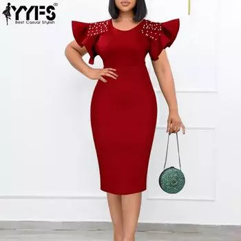 YYFS Женская мода лето весна однотонный принт короткий рукав О-образный вырез высокая талия повседневные платья S бордовый