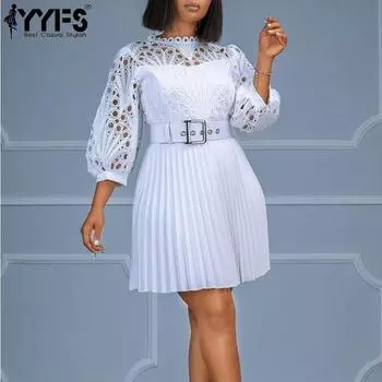 YYFS Женская мода лето весна однотонный принт короткий рукав О-образный вырез высокая талия повседневные платья S белый