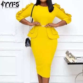 YYFS Женская мода лето весна однотонный принт короткий рукав О-образный вырез высокая талия повседневные платья S