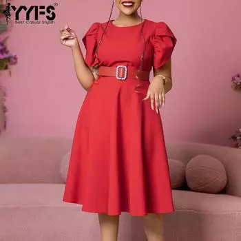 YYFS Женская мода лето весна однотонный принт короткий рукав О-образный вырез высокая талия повседневные платья S