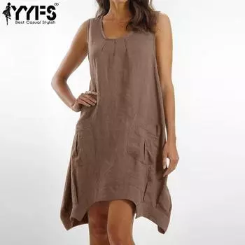 YYFS Женская мода лето весна однотонный принт без рукавов U-образный вырез свободная талия повседневные платья S верблюд