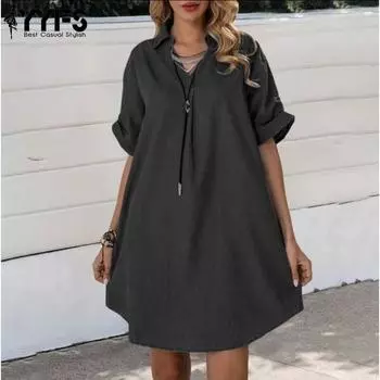 YYFS Женская мода лето весна однотонный принт короткий рукав воротник поло свободная талия повседневные платья S чёрный