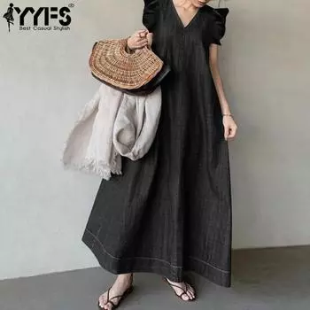 YYFS Женская мода лето весна однотонный принт короткий рукав V-образный вырез свободная талия повседневные платья S чёрный