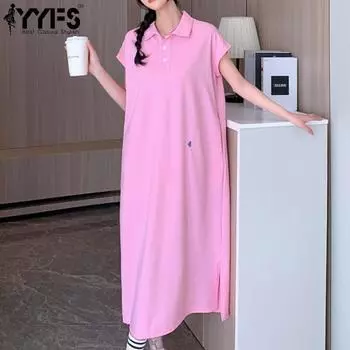 YYFS Женская мода лето весна однотонный принт короткий рукав воротник поло свободная талия повседневные платья L розовый