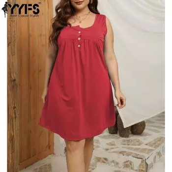 YYFS Женская мода лето весна однотонный принт без рукавов U-образный вырез свободная талия повседневные платья S красный