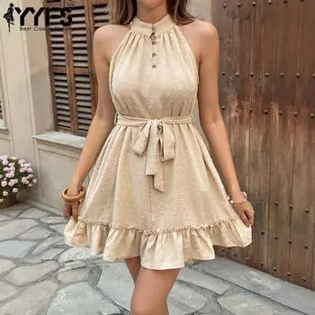 YYFS Женская мода лето весна однотонный принт без рукавов свисающий вырез высокая талия повседневные платья S абрикосовый