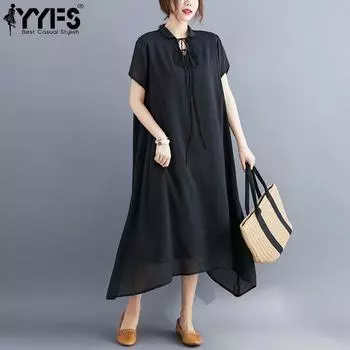 YYFS Женская мода лето весна однотонный принт короткий рукав воротник поло свободная талия повседневные платья XL чёрный