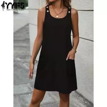 YYFS Женская мода лето весна однотонный принт без рукавов U-образный вырез свободная талия повседневные платья S чёрный