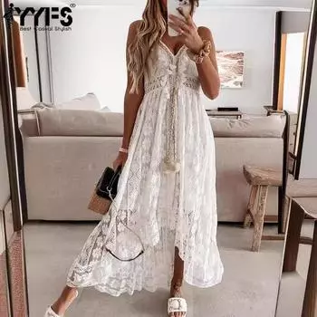 YYFS Женская мода лето весна однотонный принт без рукавов V-образный вырез средняя талия повседневные платья S белый