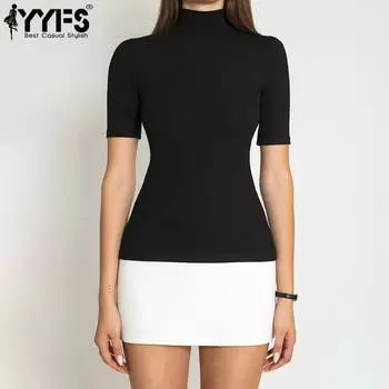YYFS Женская мода лето весна однотонный принт с коротким рукавом Половина водолазки с высокой талией повседневные платья S