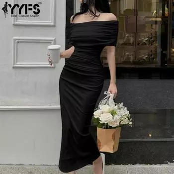 YYFS Женская мода лето весна однотонный принт с коротким рукавом на одно плечо с высокой талией повседневные платья S чёрный