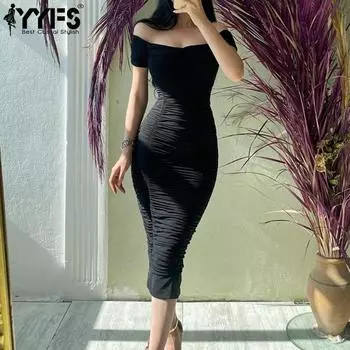 YYFS Женская мода лето весна однотонный принт с коротким рукавом на одно плечо с высокой талией повседневные платья S чёрный