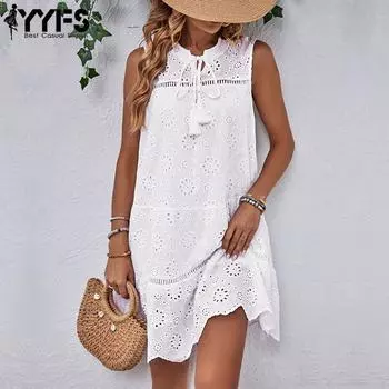 YYFS Женская мода лето весна однотонный принт без рукавов с воротником-стойкой повседневные платья S белый