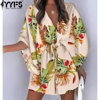 YYFS Женская мода лето весна перо принт рукава 1/2 V-образный вырез высокая талия повседневные платья S белый