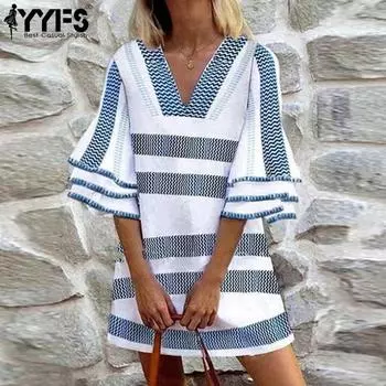 YYFS женская мода лето весна полосатый принт рукава 1/2 с v-образным вырезом свободная талия повседневные платья XL светло-синий