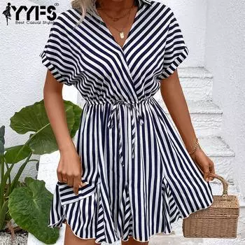 YYFS женская мода лето весна полосатый принт с коротким рукавом поло шеи повседневные платья S
