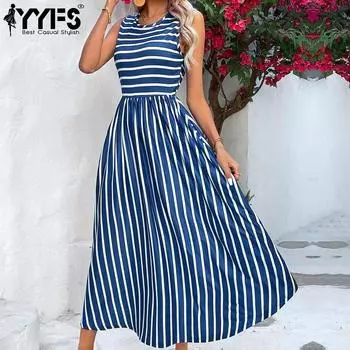 YYFS женская мода лето весна полосатый принт без рукавов с круглым вырезом повседневные платья S