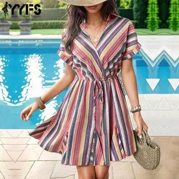 YYFS женская мода лето весна полосатый принт с коротким рукавом поло шеи повседневные платья S красный