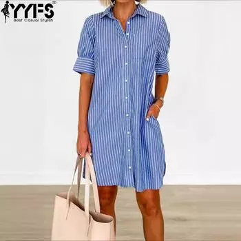 YYFS Женская мода лето весна полосатый принт короткий рукав поло воротник свободная талия повседневные платья S синий