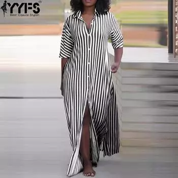 YYFS Женская мода лето весна полосатый принт короткий рукав поло воротник свободная талия повседневные платья S чёрный