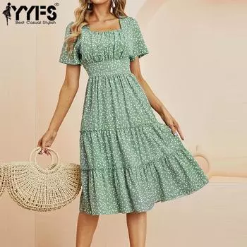 YYFS женская мода лето весна повседневные платья с коротким рукавом и квадратным воротником S зелёный