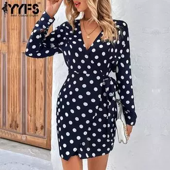 YYFS женская мода лето весна повседневные платья в горошек с длинным рукавом и v-образным вырезом S