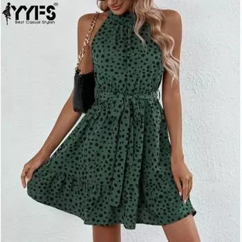 YYFS Женская мода, лето, весна, повседневные платья без рукавов со средней талией и принтом в горошек S чёрный