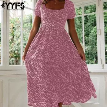 YYFS Женская мода Лето Весна Горошек Принт Короткий рукав Квадратный воротник Высокая талия Повседневные платья S розовый