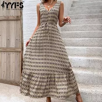 YYFS женская мода лето весна ромбовидный принт без рукавов с v-образным вырезом и высокой талией повседневные платья S абрикосовый