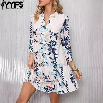 YYFS Женская мода лето весна рукава 3/4 V-образный вырез свободная талия повседневные платья S белый