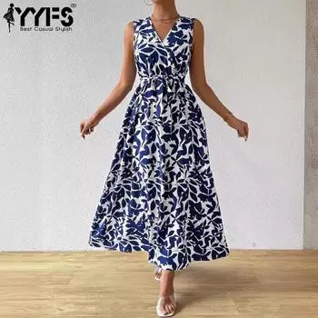 YYFS Женская мода Лето Весна Цветочный узор Принт Без рукавов V-образный вырез Высокая талия Повседневные платья S синий