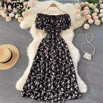 YYFS Женская мода лето-весна с цветочным узором и принтом с коротким рукавом на одно плечо и высокой талией повседневные платья One size чёрный