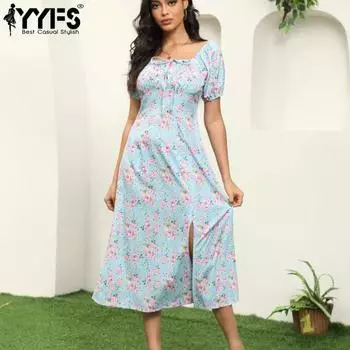 YYFS Женская мода лето-весна с цветочным узором и принтом с коротким рукавом и квадратным воротником, повседневные платья со средней талией S синий