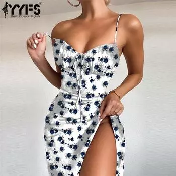 YYFS Женская мода лето-весна с цветочным узором и принтом без рукавов с v-образным вырезом и высокой талией повседневные платья S белый