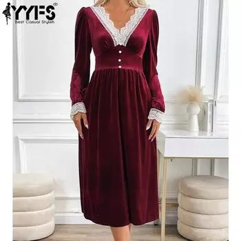 YYFS Женская мода лето весна сплошной цвет печати с длинным рукавом v-образным вырезом с высокой талией повседневные платья S бордовый