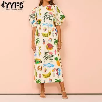 YYFS Женская мода на лето и весну с коротким рукавом и круглым вырезом с высокой талией повседневные платья S разноцветный