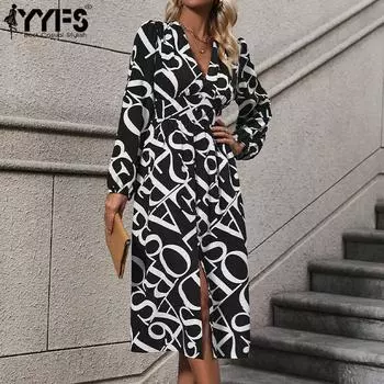 YYFS Женская мода осень зима геометрический принт с длинным рукавом и v-образным вырезом со средней талией повседневные платья S чёрный