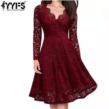 YYFS Женская мода осень-зима однотонные кружевные принты с длинным рукавом V-образным вырезом средней талии повседневные платья S красный