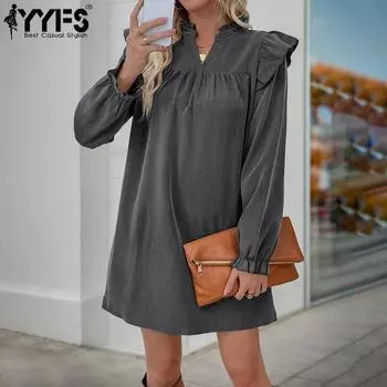 YYFS Женская мода осень-зима однотонный принт длинный рукав воротник стойка свободная талия повседневные платья S темно-серого