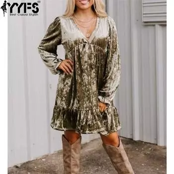 YYFS Женская мода осень-зима однотонный принт длинный рукав V-образный вырез свободная талия повседневные платья S зелёный