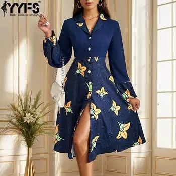 YYFS Женская мода осень-зима с длинным рукавом и воротником-поло с высокой талией Повседневные платья S синий