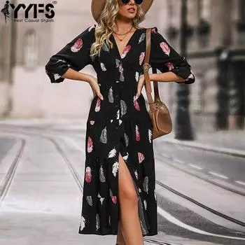 YYFS Женская мода осень-зима с принтом перьев, длинным рукавом, V-образным вырезом, средней линией талии, повседневные платья S чёрный