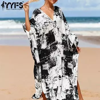 YYFS женская мода отпуск лето весна черный, белый цвет принт с длинным рукавом v-образным вырезом повседневные платья One Size чёрный/белый